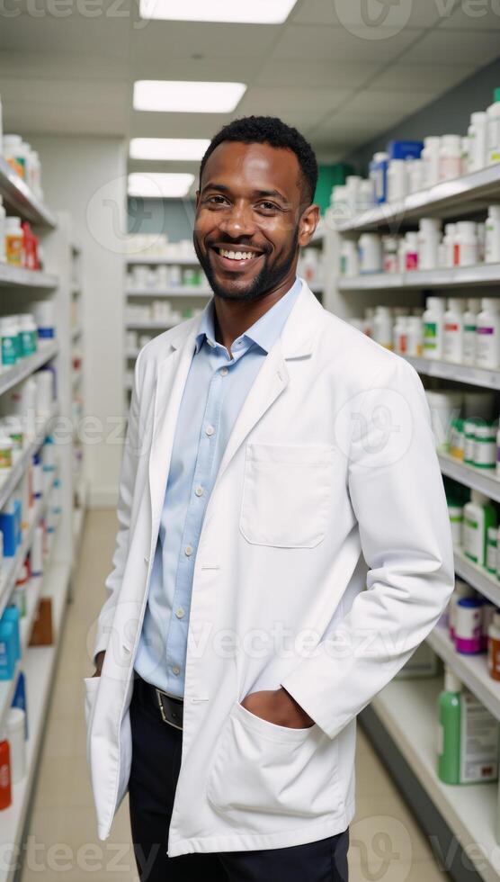 Friendly AfricanAmerican male pharmacist smiles from inside a pharmacy with medicine shelves behind him photo