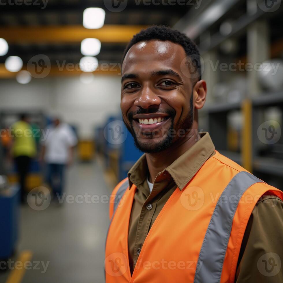 A photorealistic portrait featuring a smiling African American male factory worker in an orange vest amidst industrial backdrop photo