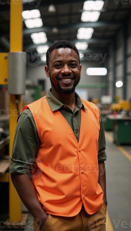 A photorealistic portrait featuring a smiling African American male factory worker in an orange vest amidst industrial backdrop photo
