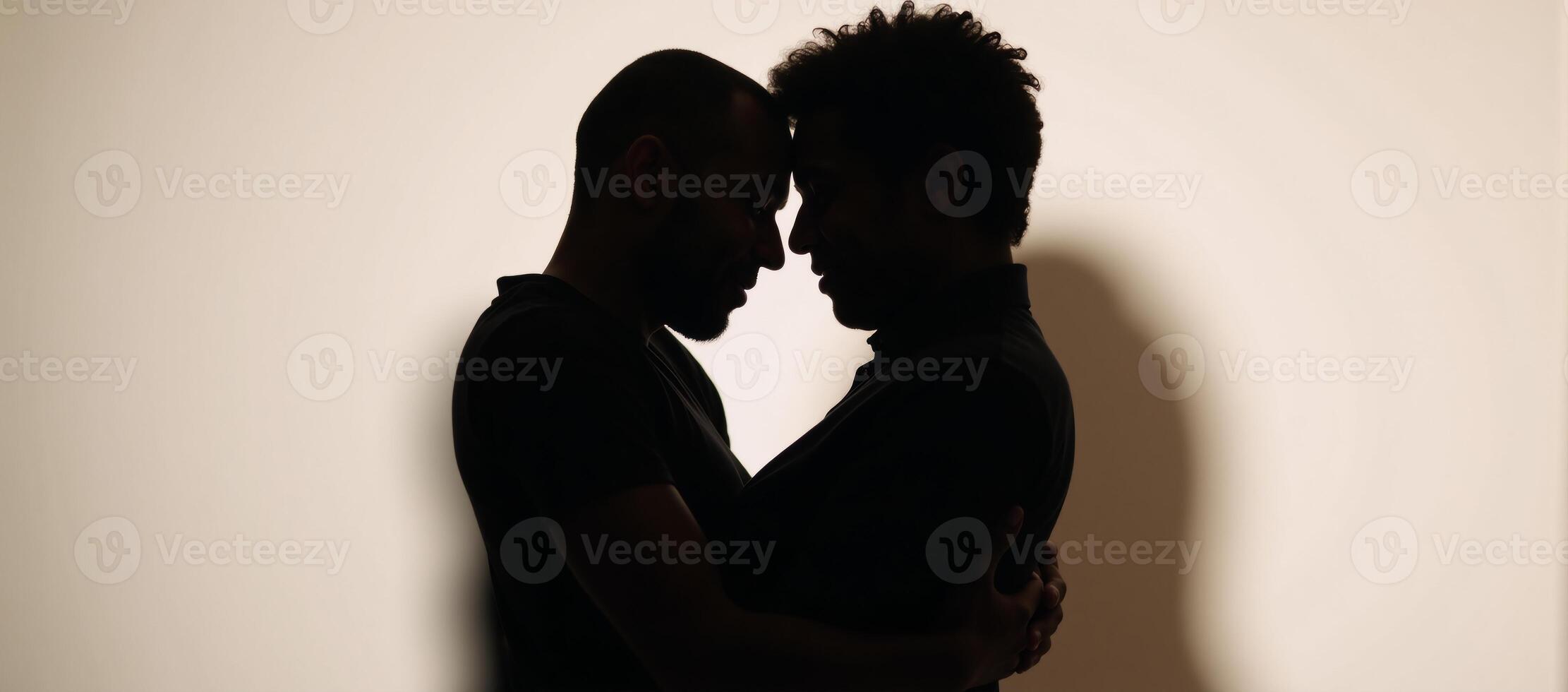 Concept Interracial gay couple on Valentines Day Asian and African American men expressing affection through an embrace in silhouette photo