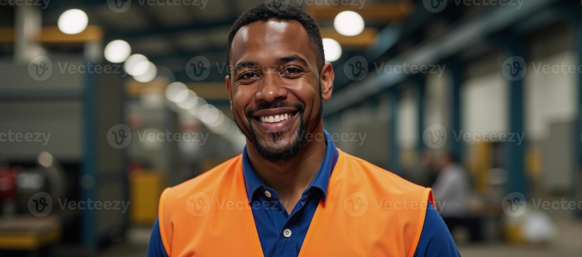 A photorealistic portrait featuring a smiling African American male factory worker in an orange vest amidst industrial backdrop photo