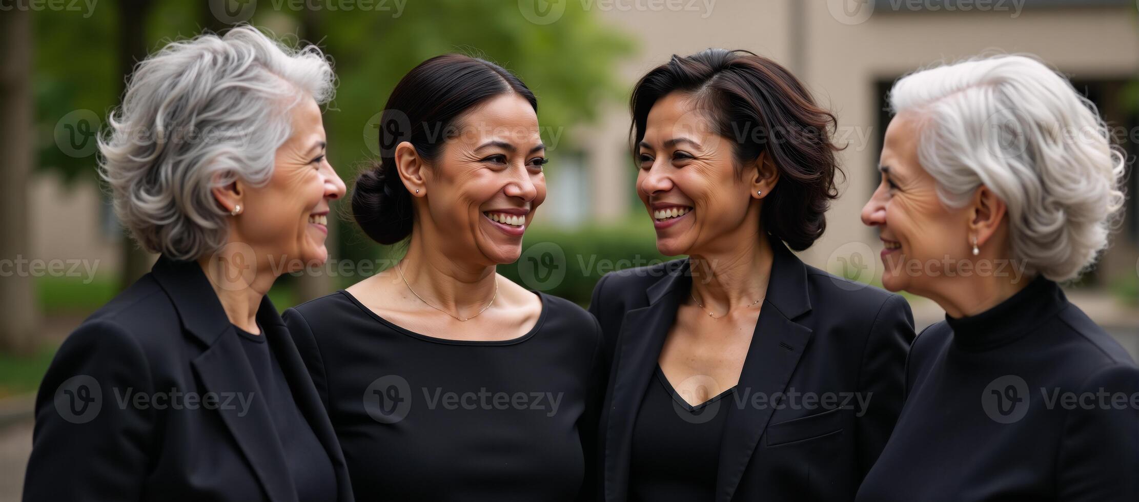 Four AfricanAmerican ladies in black attire grinning outside among greenery photo