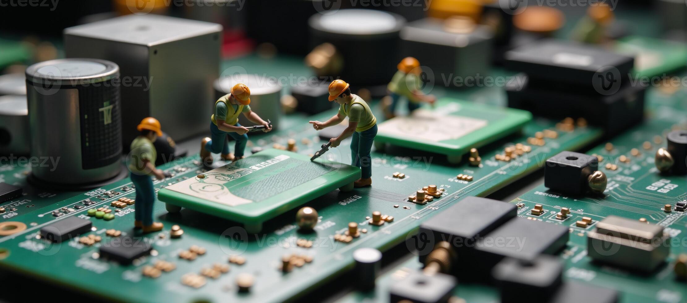 Creative miniature construction workers constructing microchip circuit board technology concept photo