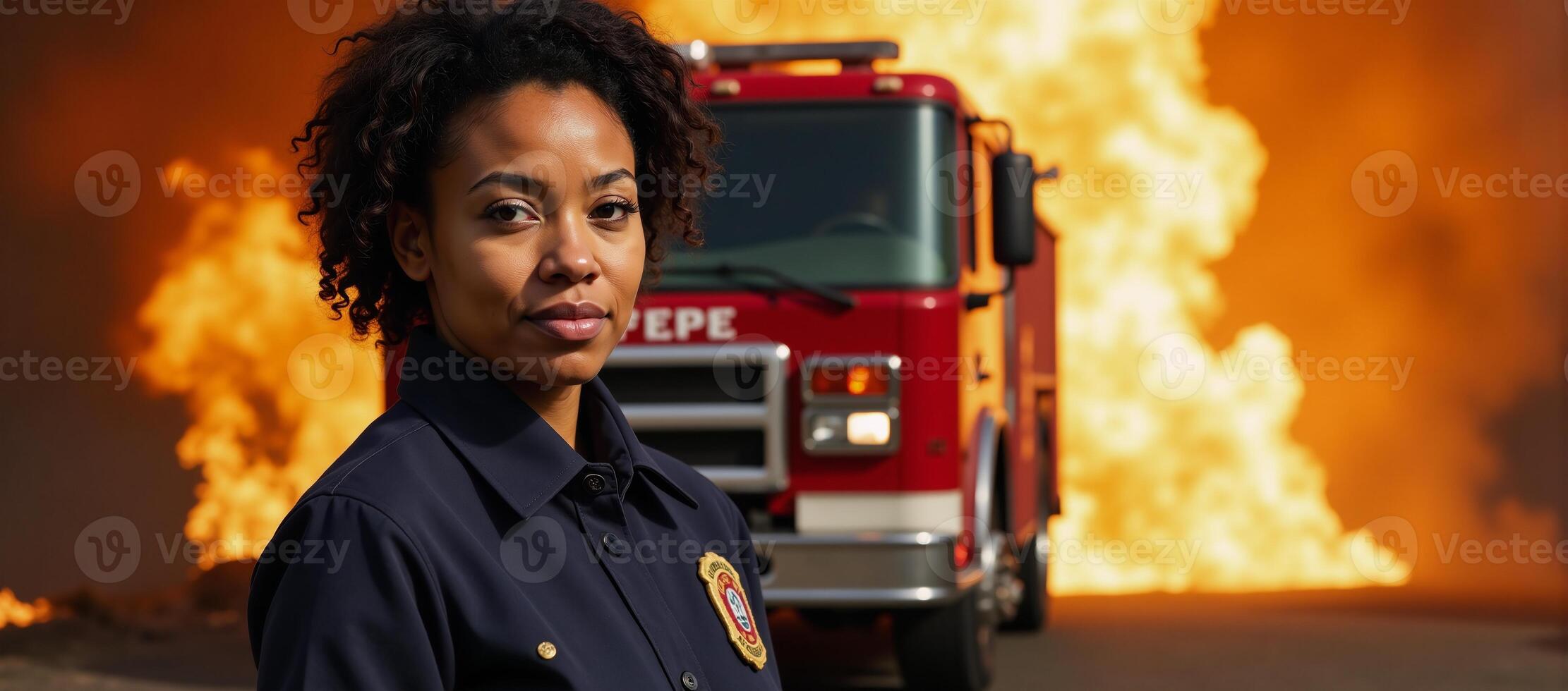 Confident black firefighter poses in uniform against backdrop of flaming firetruck photo