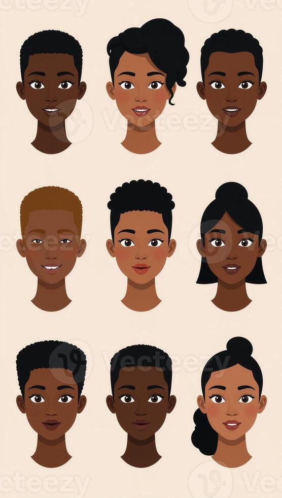 A set of diverse African American character avatar heads in flat design format with plain backgrounds photo