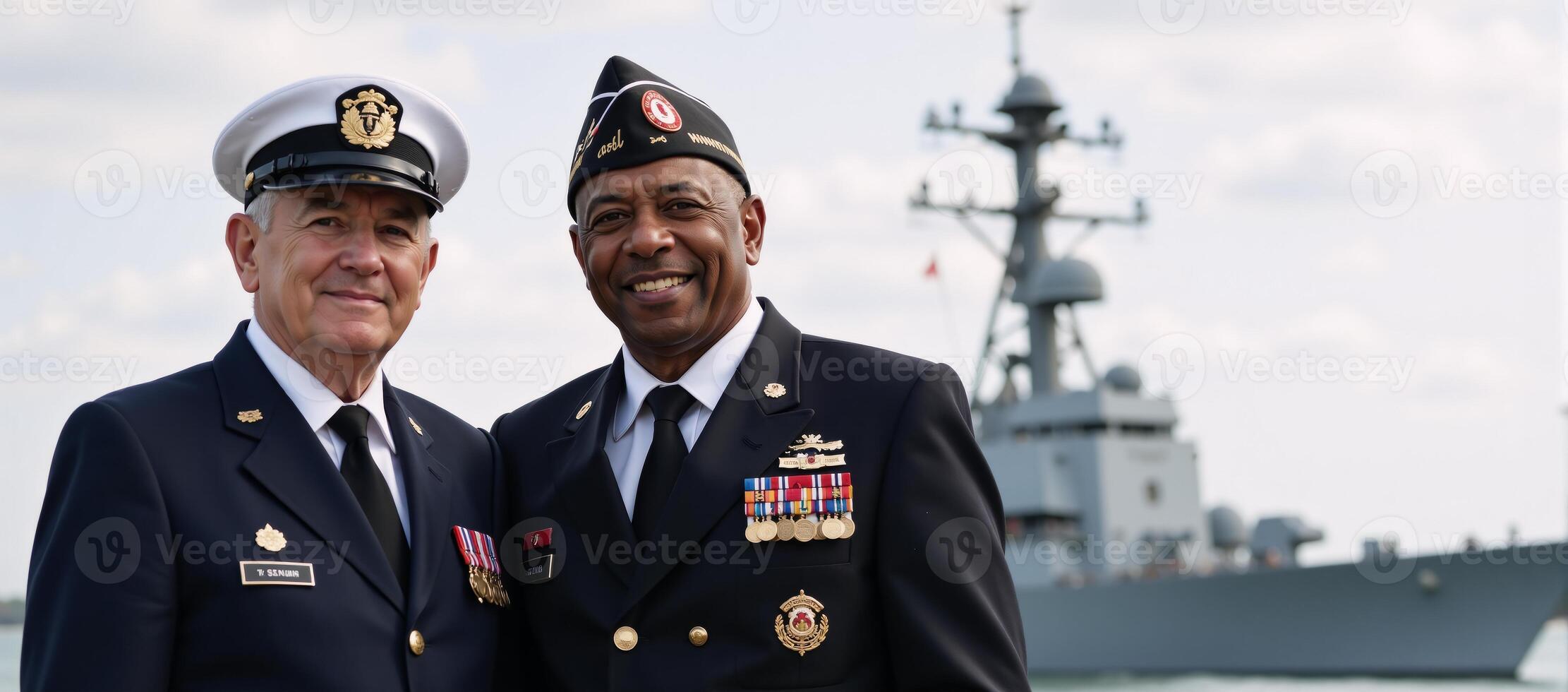 African American veteran naval couple honors Veterans Day alongside a warship photo