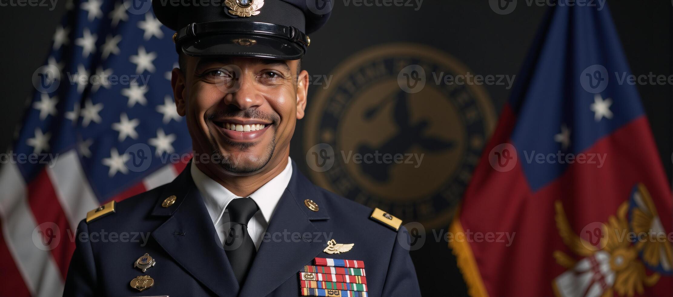 A proud and confident smiling AfricanAmerican veteran depicted in a military uniform Generated photo