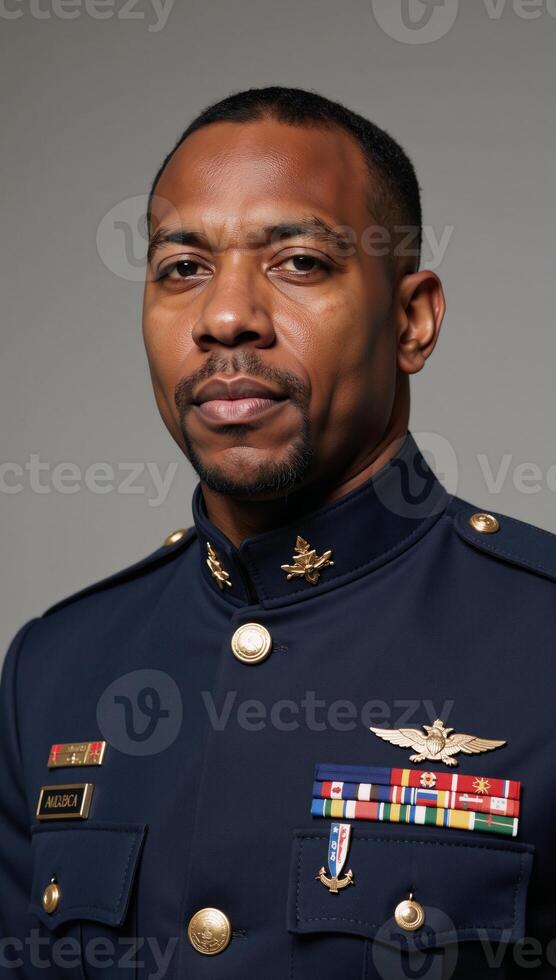 Angled view portrait of a determined AfricanAmerican solider in military uniform photo