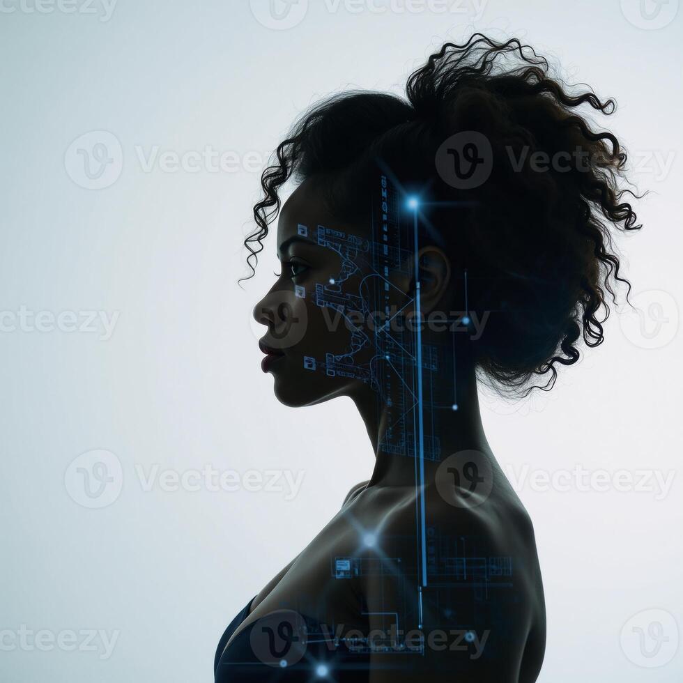 An AIinspired double exposure featuring an African American womans silhouette surrounded by digital charts and graphs photo