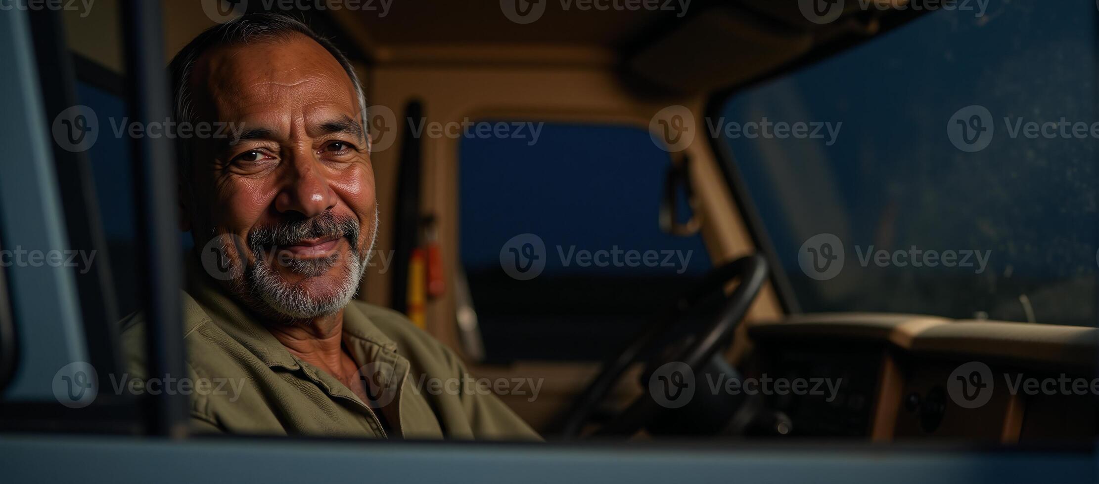 Closeup portrait of an aging African American trucker smiling warmly within his nighttime cabin photo
