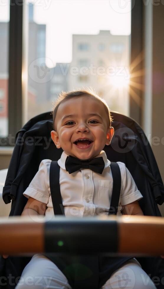 A joyful AfricanAmerican baby wearing a bowtie enjoys sunshine while being pushed in a stroller photo