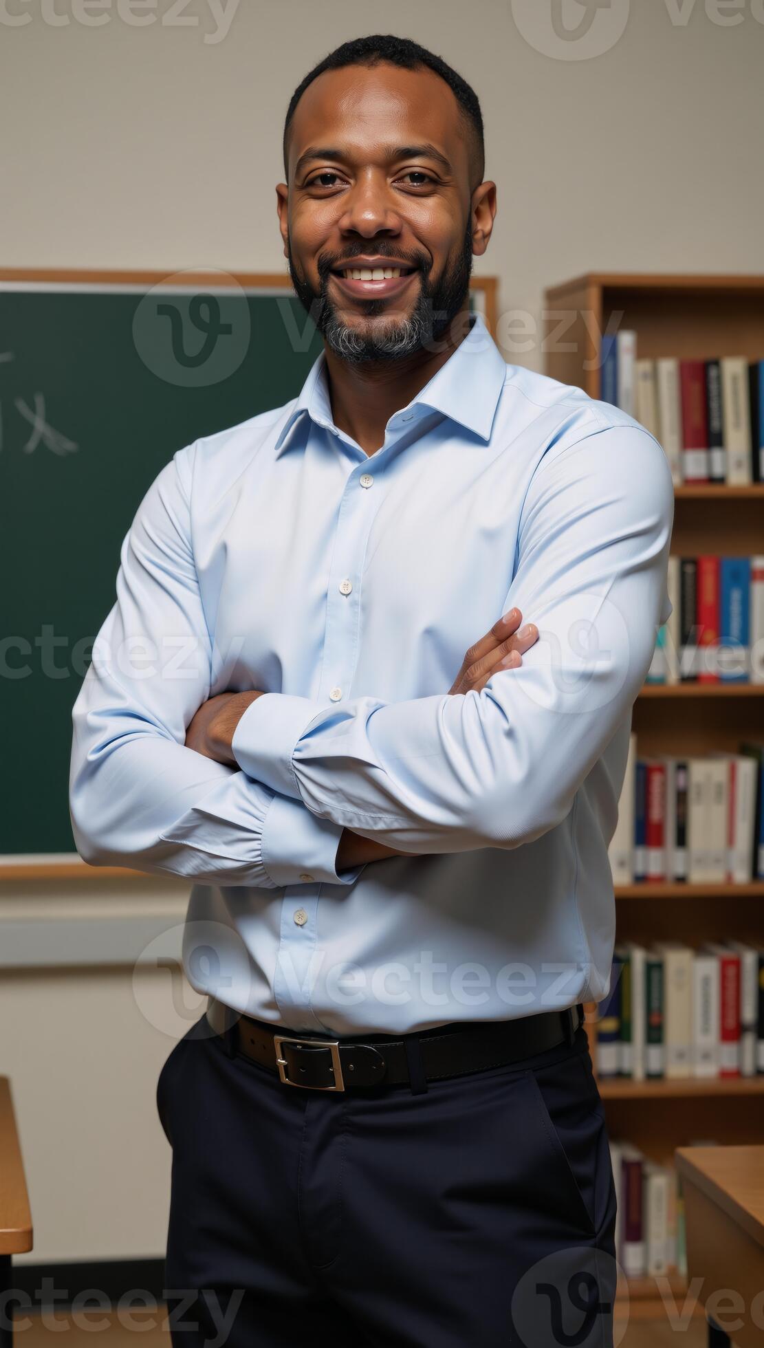 A selfassured black male educator standing assertively in a classroom