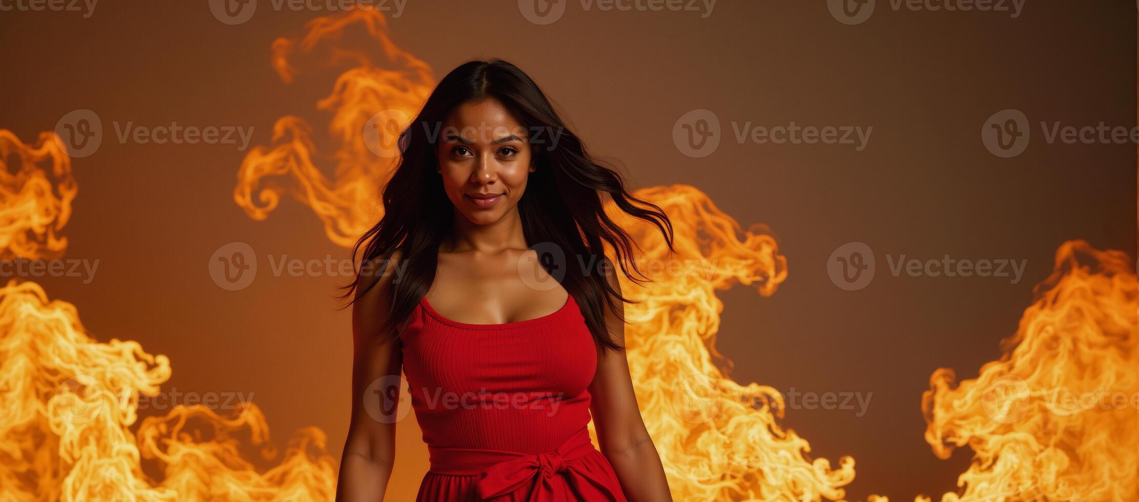 An ethereal African American woman radiates fiery grace as she walks through flames symbolizing creativity inspiration and spirituality with her supernatural presence photo