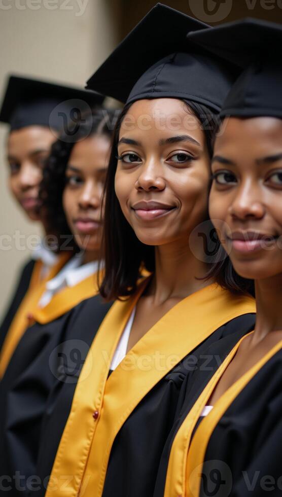 A closeup image features a group of focused young African Americans wearing matriculation gowns and hats standing united against a blurred background photo