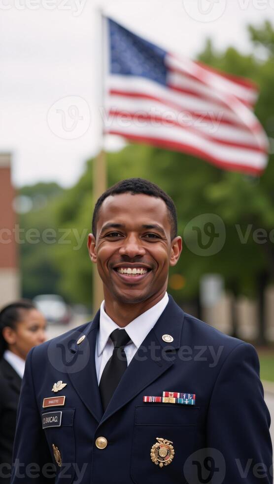 Joyful AfricanAmerican soldier smiling against a blurred American Flag backdrop photo