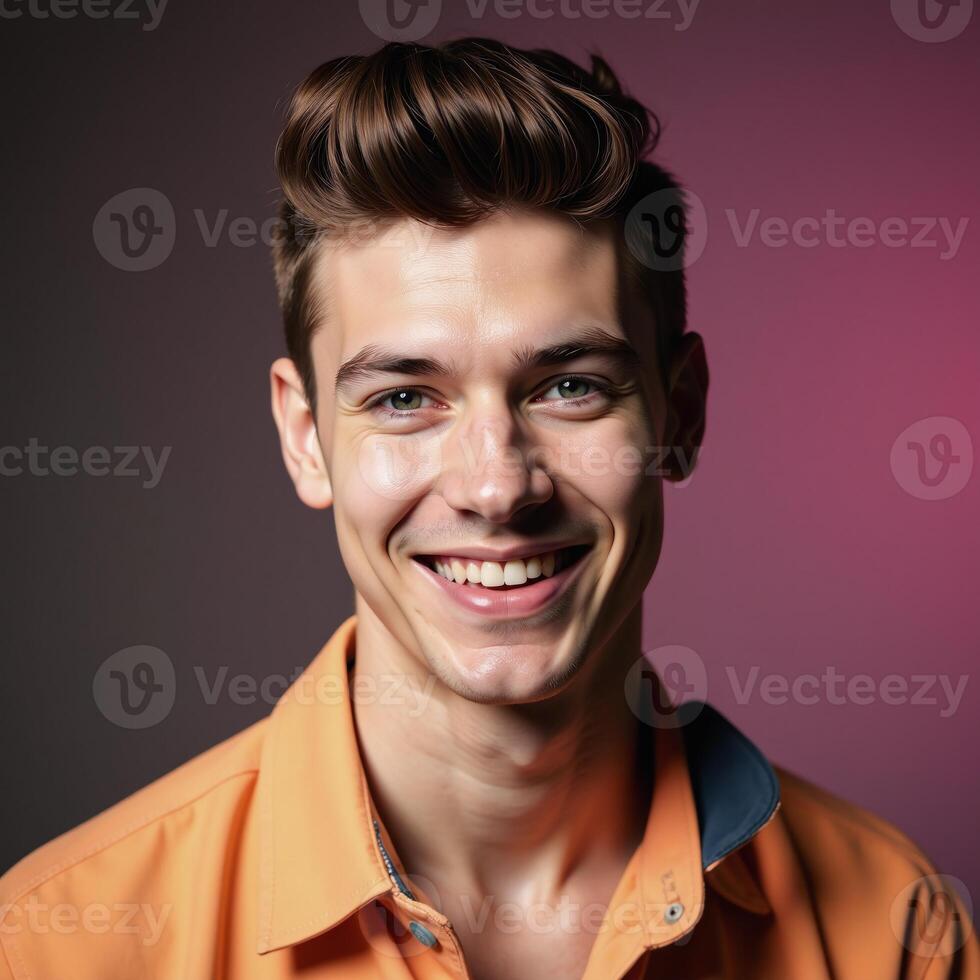 A bold minimalist retro image showcases a cheerful young gay man within a studio setting photo