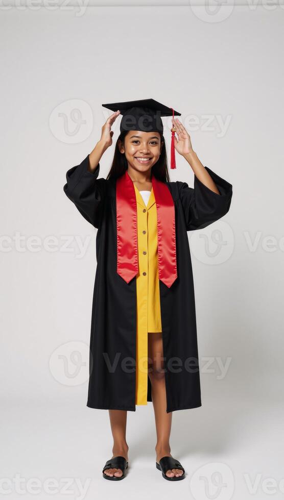 A triumphant AfricanAmerican girl celebrating graduation day concept room to add visual elements and design details photo