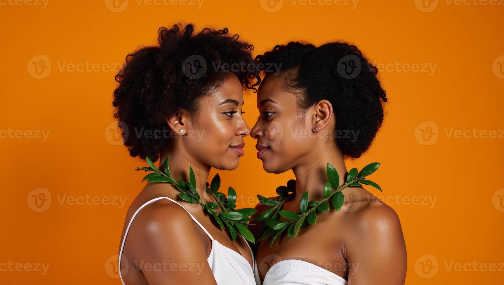 Two stylishly dressed young AfricanAmerican lesbians stand together romantically against an orange backdrop wearing wreaths around their necks and gazing off introspectively photo