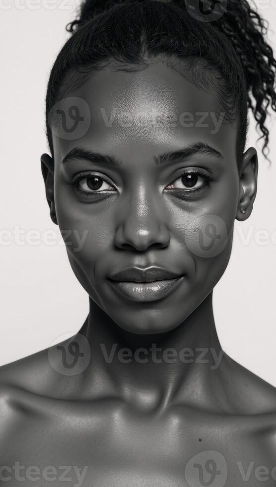 Portrait featuring an elegant Black Woman with Afrotextured hair and radiant features representing African American heritage photo