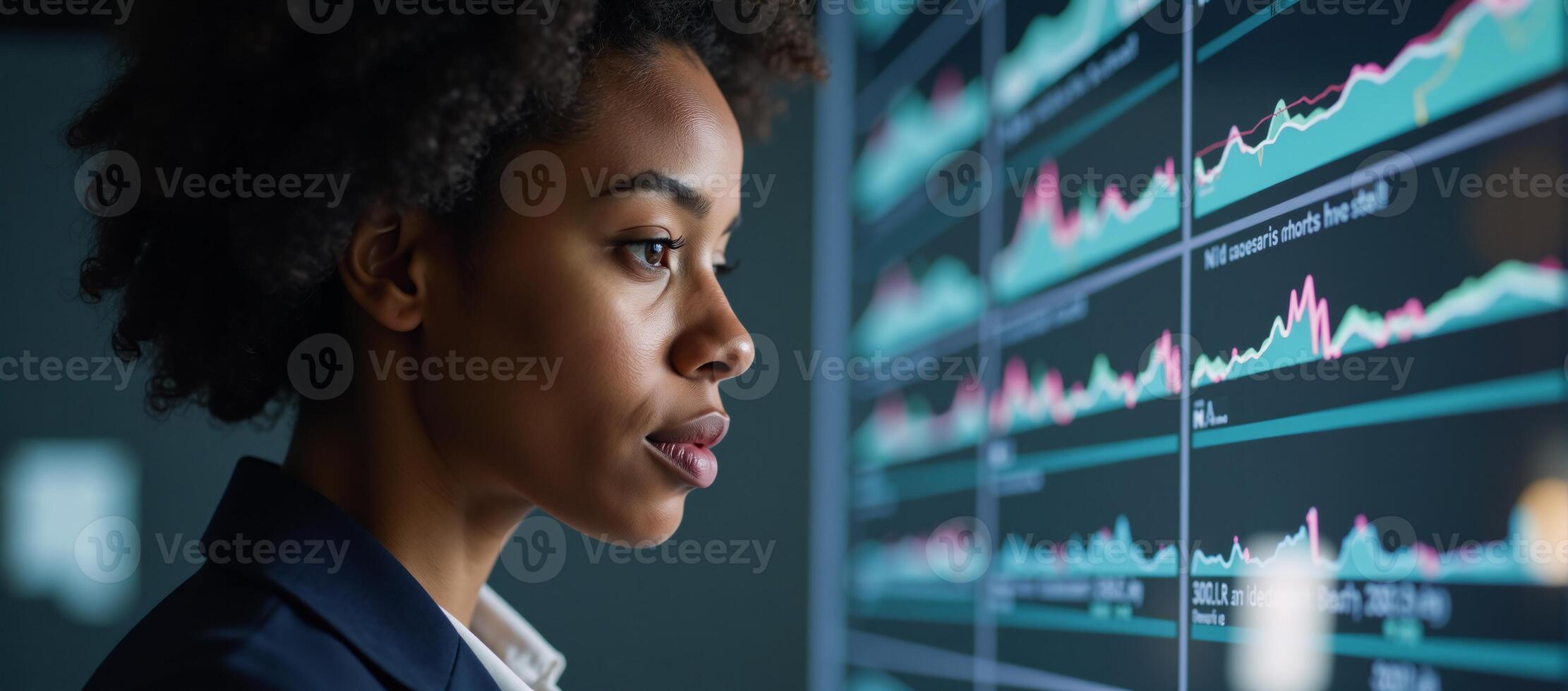 Side profile view of a Black African American Female IT Specialist analyzing cybersecurity threats through an ARAI collage photo