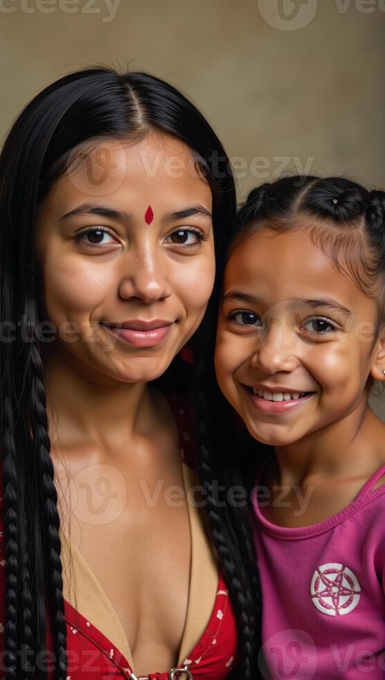 A Native American teenager poses alongside an adorable smiling AfricanAmerican girl against a neutral backdrop photo