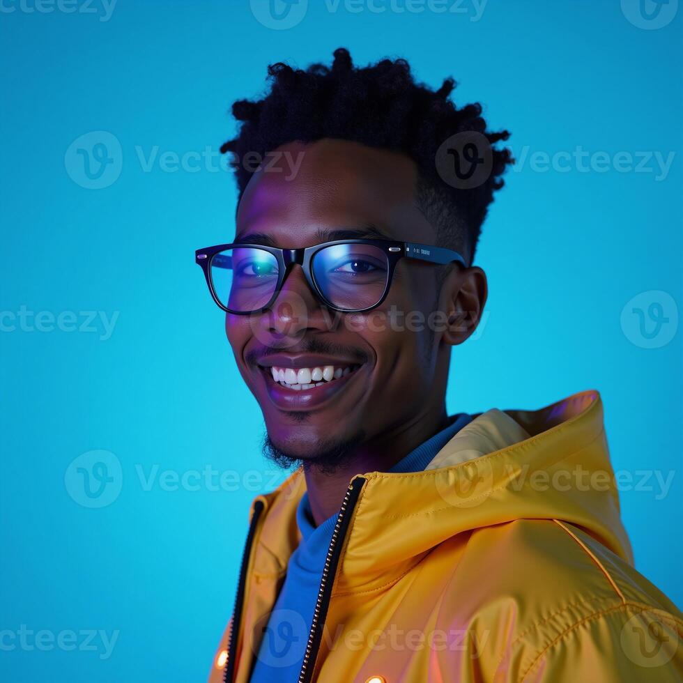 Portrait of a futuristic African American man with glasses against a blue backdrop conveying themes of technology and optics in a cyberpunkinspired brightly lit future setting photo
