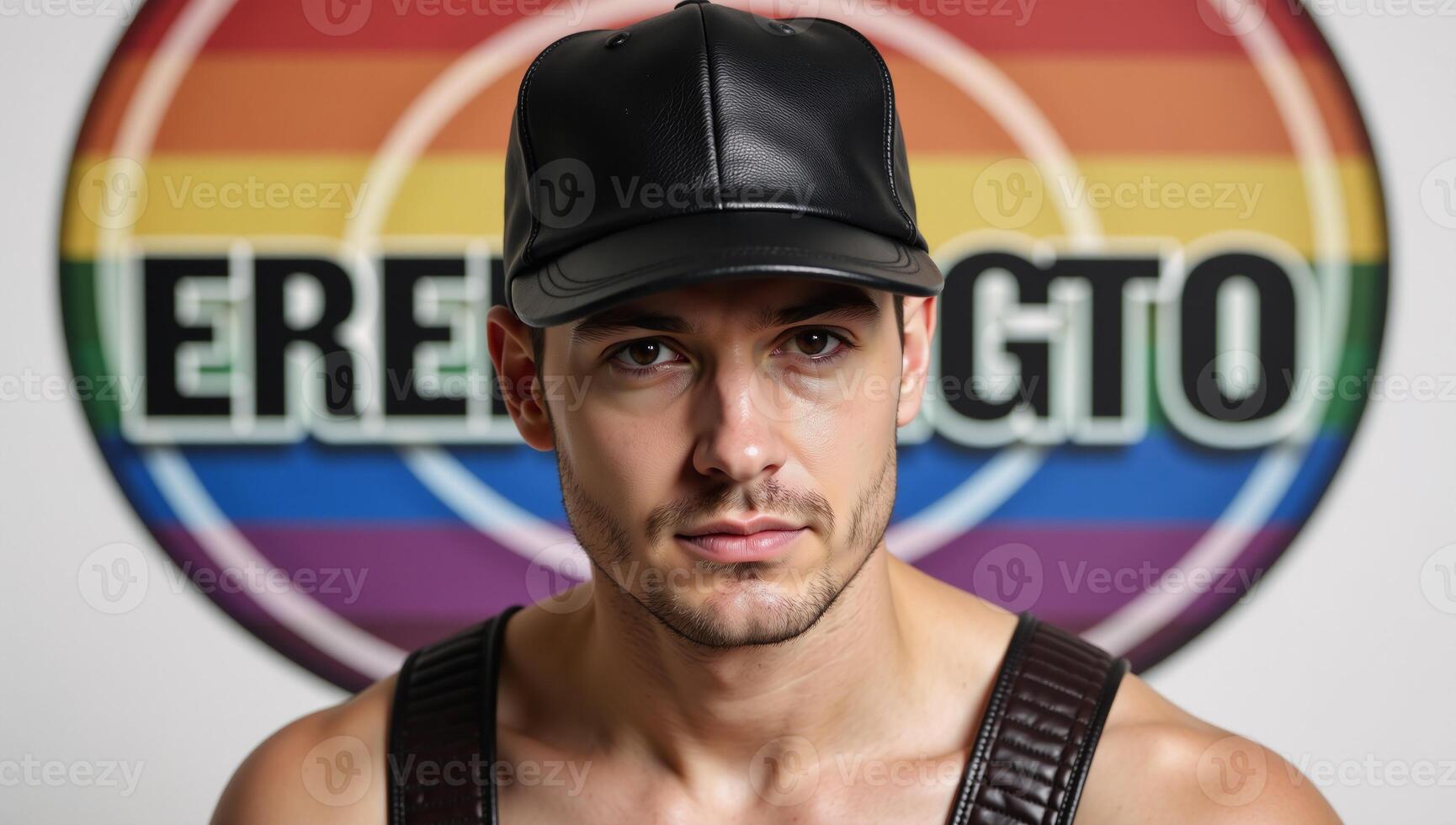 A gay man is depicted with a circular LGBTQ symbol wearing a leather cap and harness photo