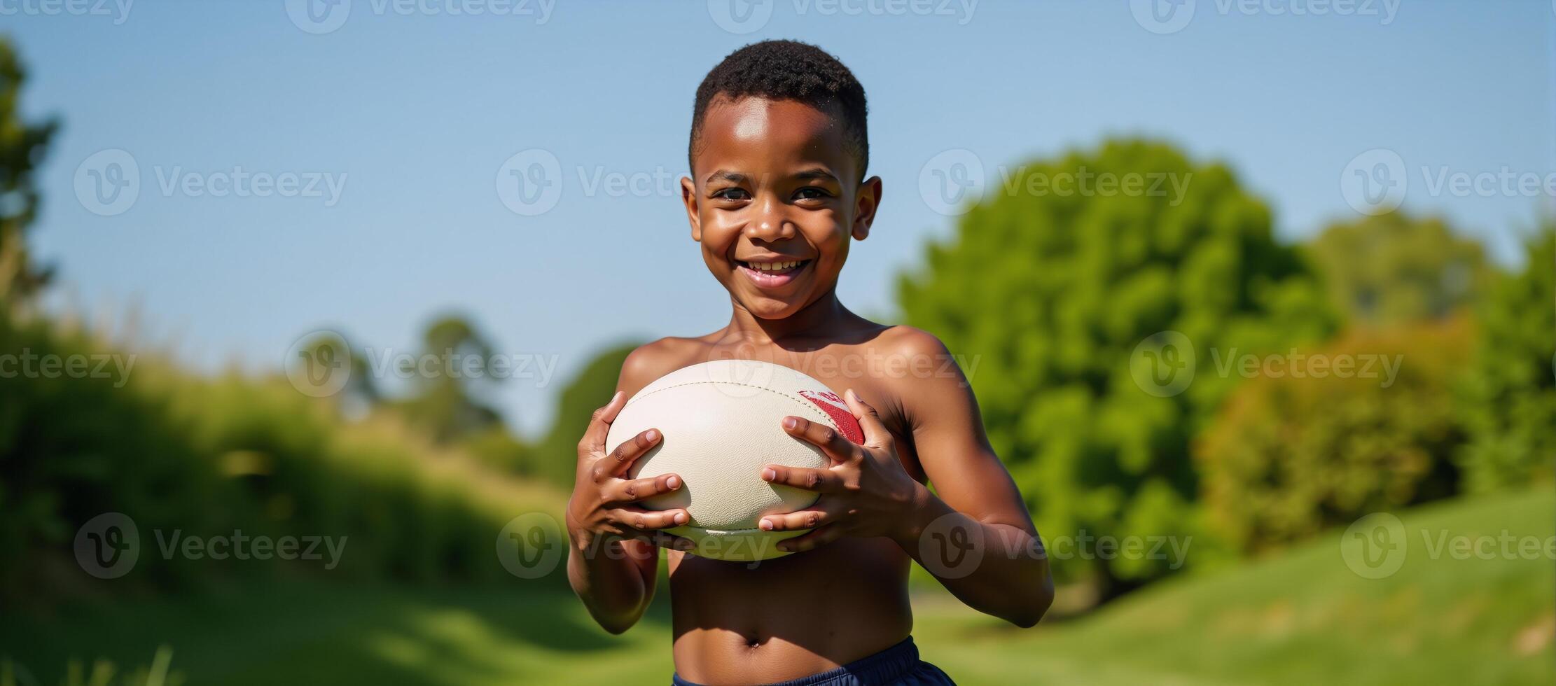 Dynamic portrait of an energetic and confident AfricanAmerican boy holding a rugby ball ready to play photo