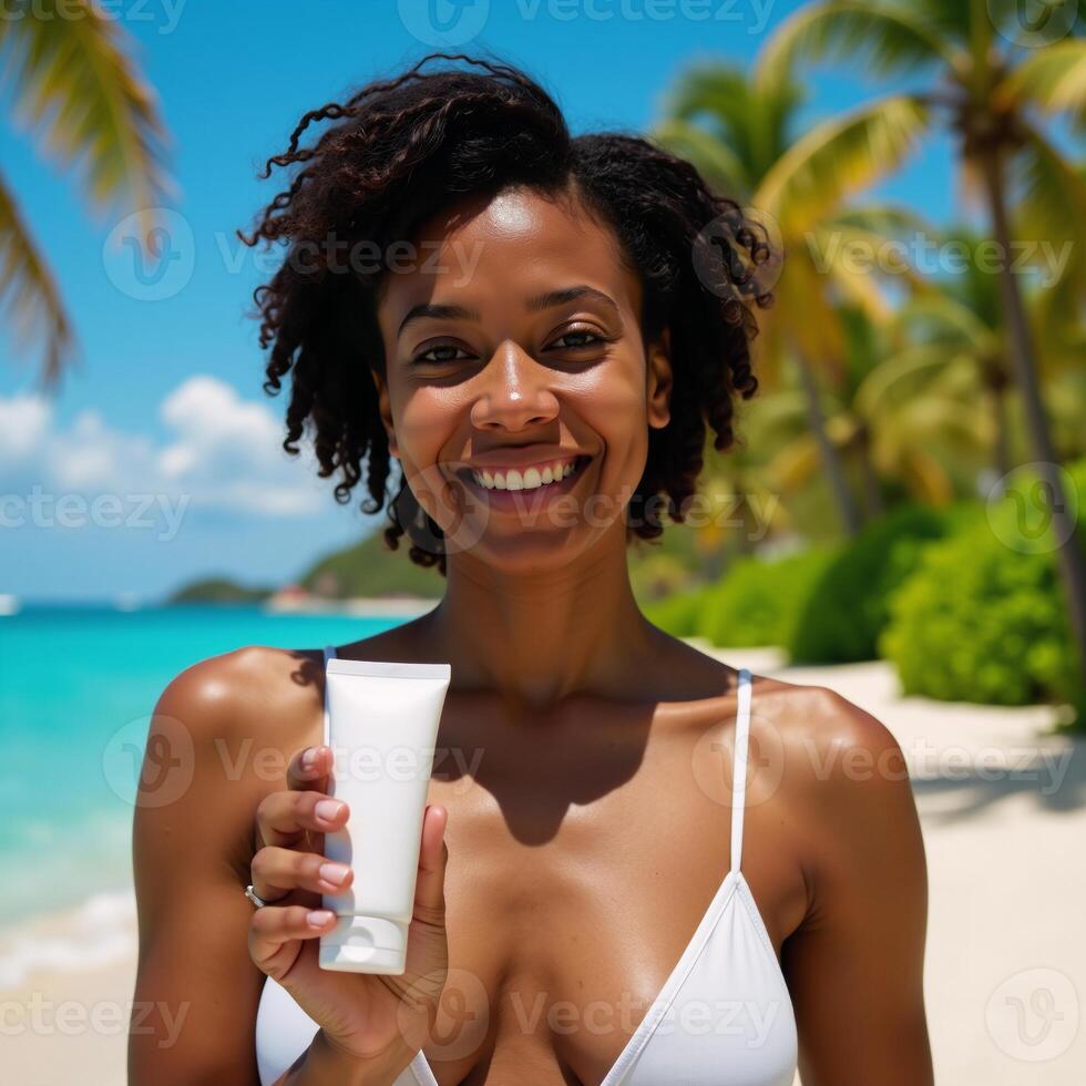 Highresolution portrait showcases a smiling Black woman with sunscreen and a tropical backdrop emphasizing the beauty product for advertising purposes photo