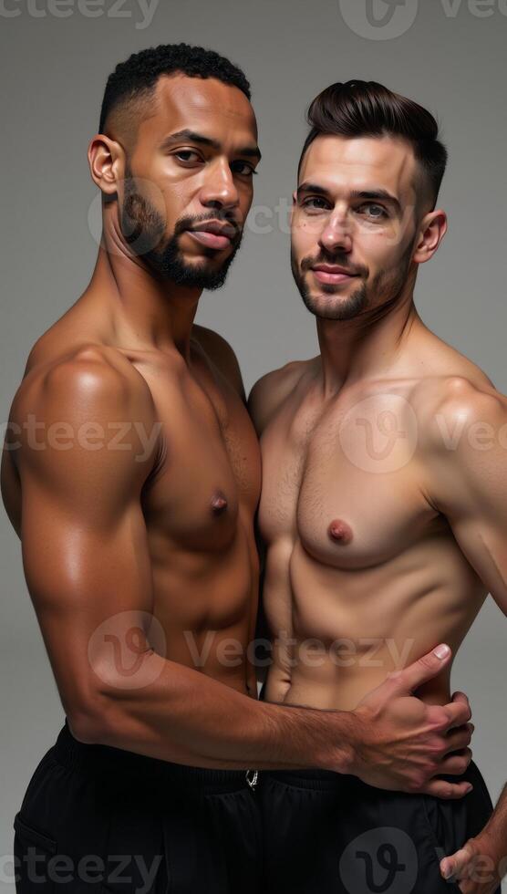 Dynamic gay couple portrait with realistic highquality imagery and cinematic lighting effects photo