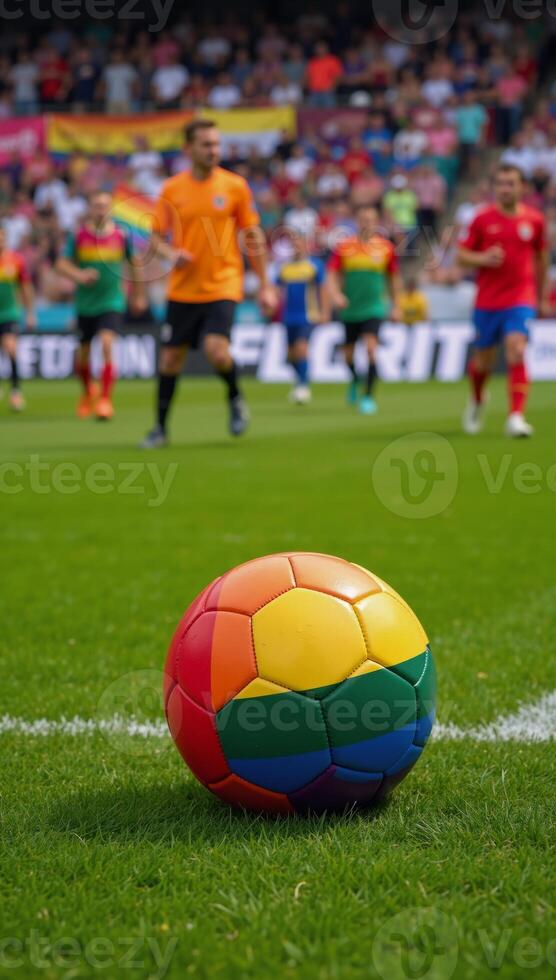 Overhead view of vibrant gay pride rainbowcolored soccer ball on a lush grassy sports field at an LGBT football event photo