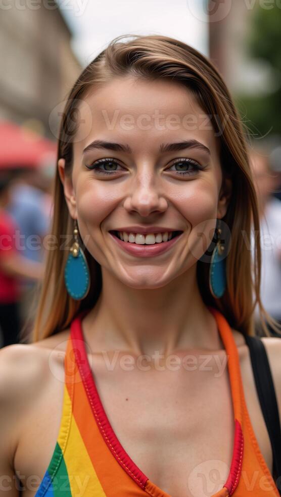 Young woman in vibrant Pridethemed makeup and captivating eyes Gay Pride Celebration photo