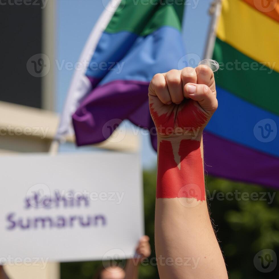 Clenched fist holding a vibrant Gay Pride Flag symbolizing strength and protest photo