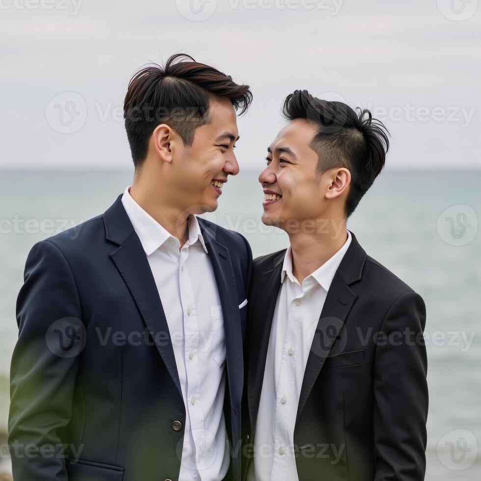 Portrayal of an affectionate young Asian gay couples joyful connection with subdued backdrop highlights their love and bond photo