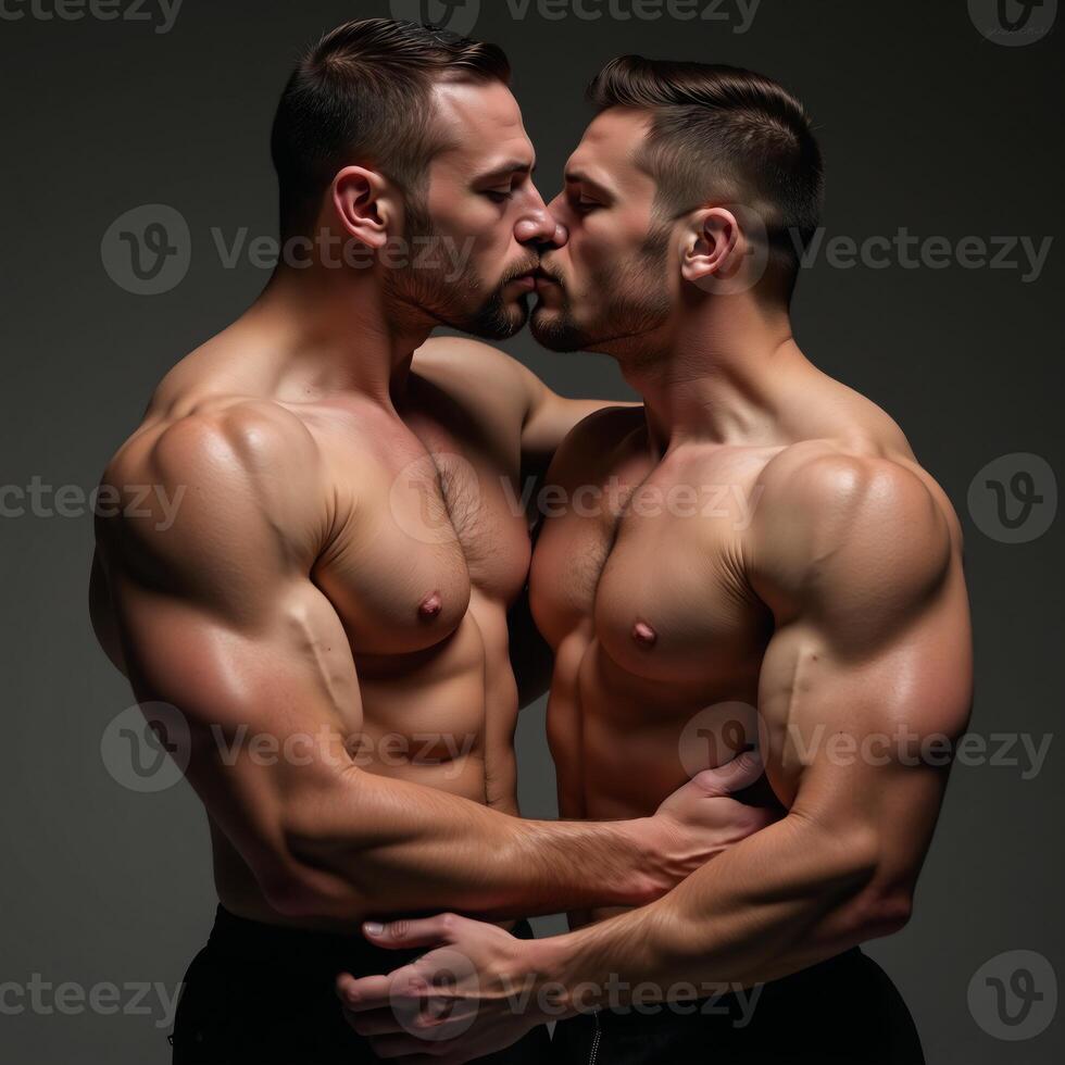 Intense passionate kiss between two muscular men undergoing giant hypermuscle transformation in a sensual primal scene photo