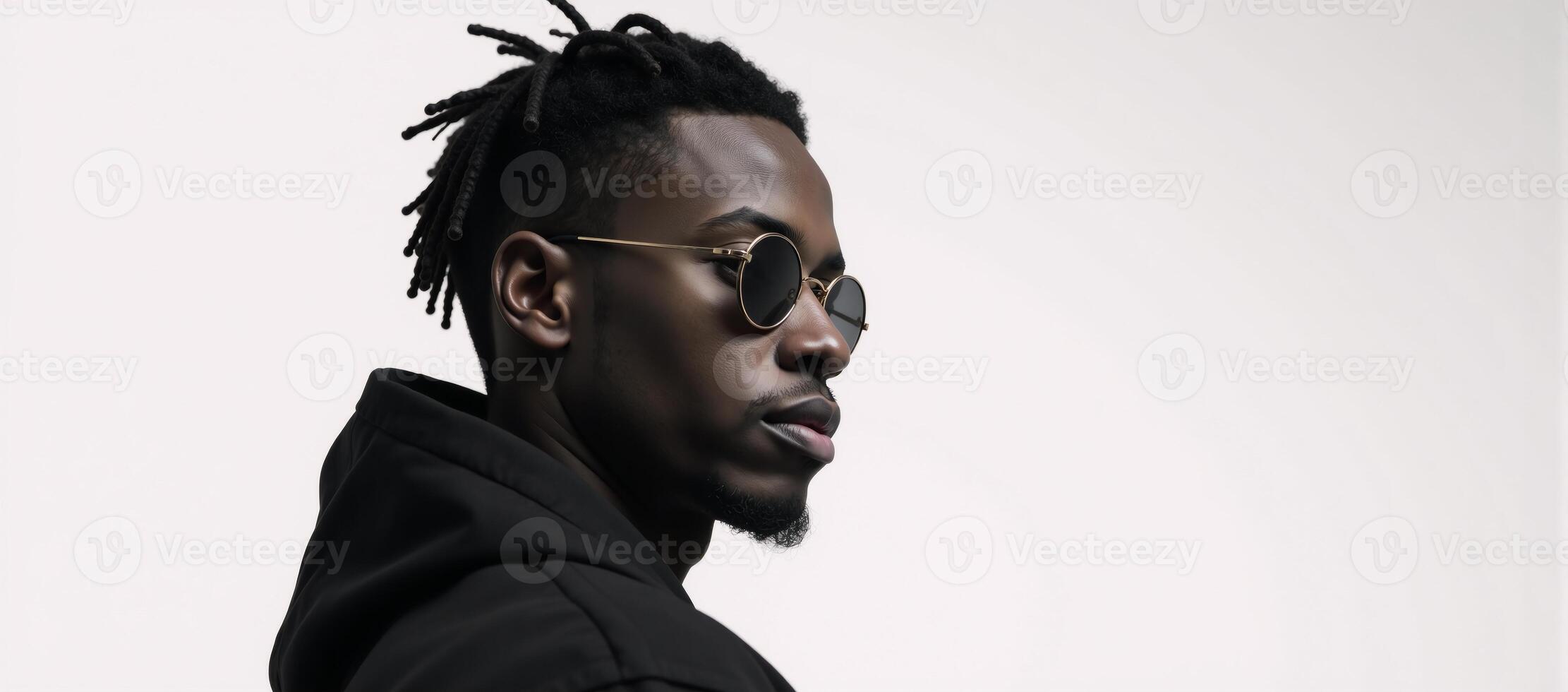 A young AfricanAmerican man wearing dreadlocks and sunglasses is depicted in profile view in a sleek modern art style on a minimalist allwhite backdrop photo
