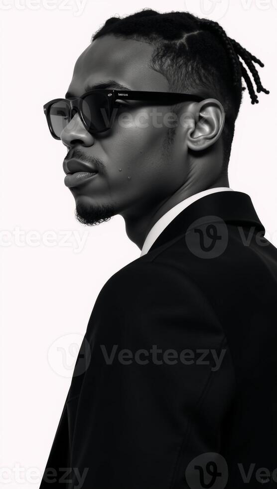 A young AfricanAmerican man wearing dreadlocks and sunglasses is depicted in profile view in a sleek modern art style on a minimalist allwhite backdrop photo