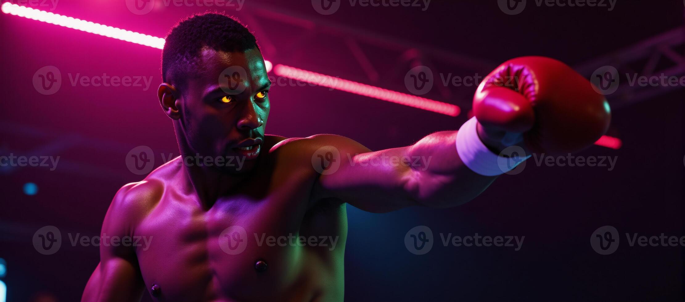 African American boxer midaction under bright pink neon lights with intense expression and shining eyes closeup reveals sweaty muscles embodying power and determination photo