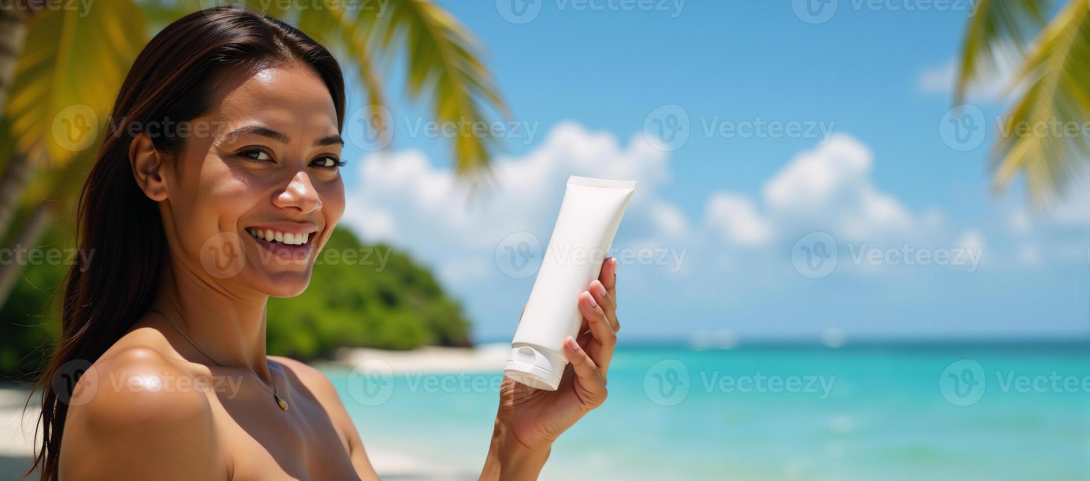 Highresolution portrait showcases a smiling Black woman with sunscreen and a tropical backdrop emphasizing the beauty product for advertising purposes photo