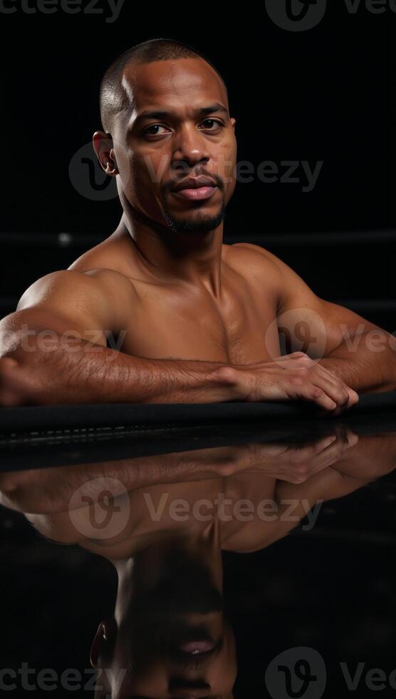 Muscular African American boxer with sweaty forehead leaning on left elbow and covering eyes with right hand photo