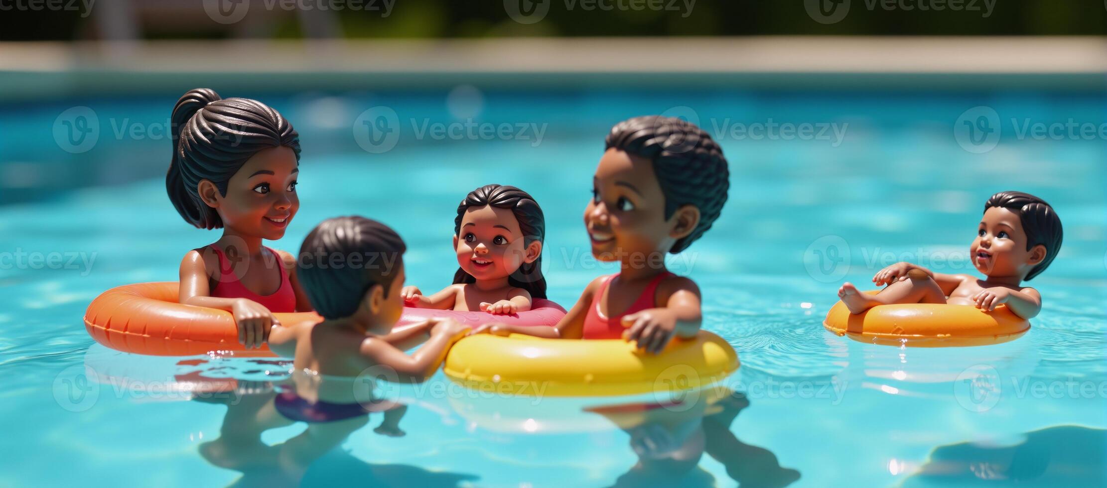 African American family enjoying summertime fun in a miniature swimming pool represented as colorful figurines photo