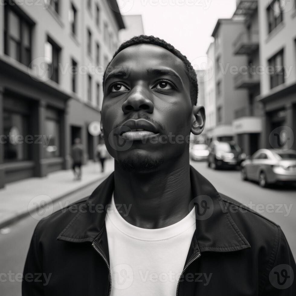 Street portrait Young AfricanAmerican man closeup front view looking up on the street photo