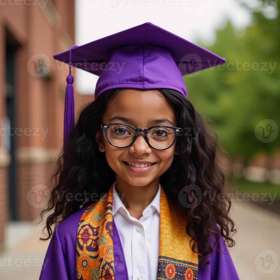 Cartoon illustration of an AfricanAmerican girl with long wavy hair wearing glasses purple graduation cap gown and African print sash photo