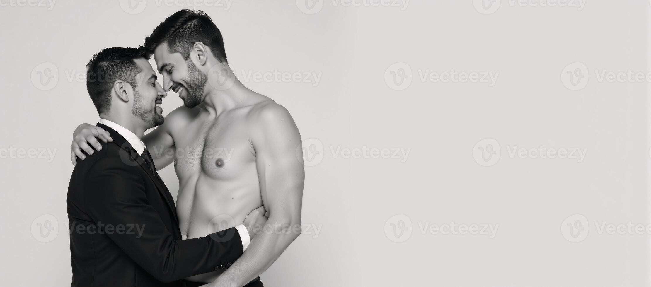 Rendering of an intimate gay couple with strong bond set against a clean background photo