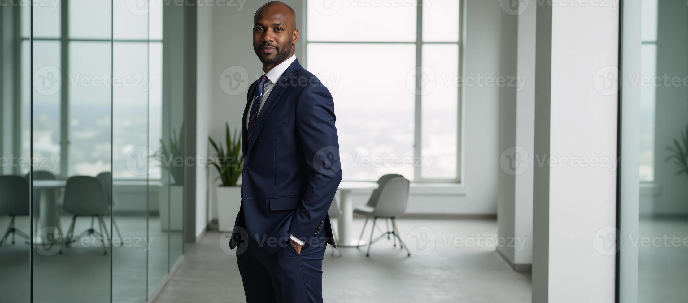 Portrait of a stylish AfricanAmerican executive exuding confidence within a contemporary office setting photo
