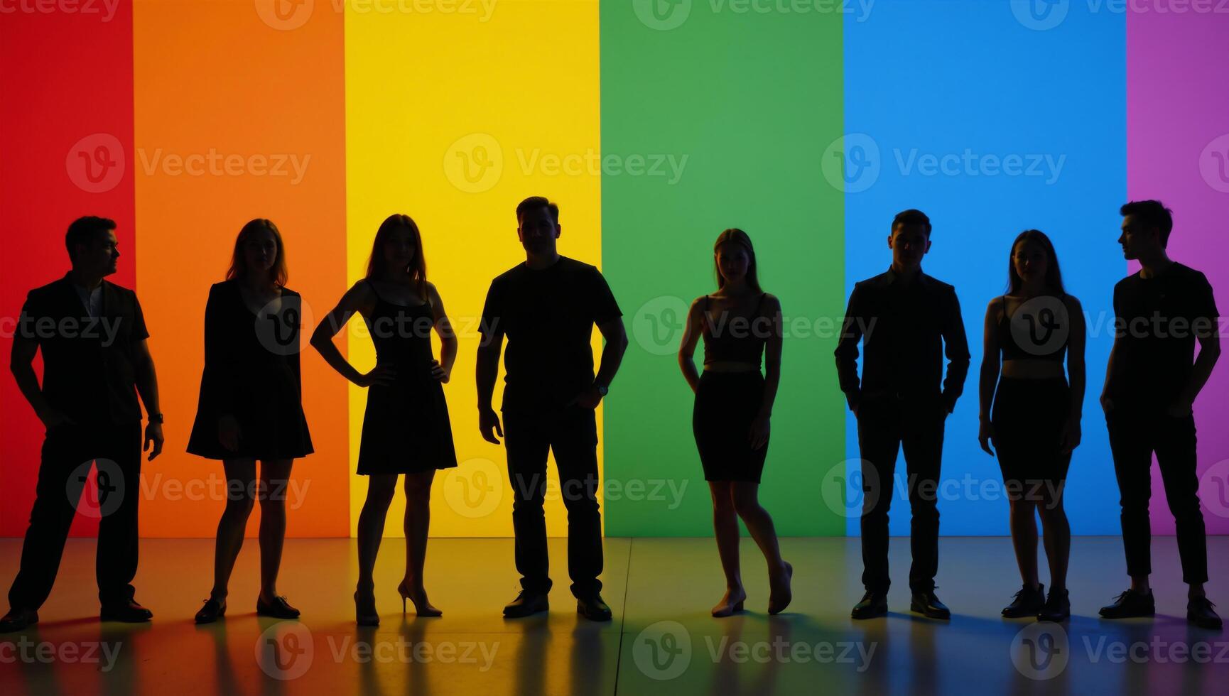 An LGBTQ representation illustration featuring lesbians and gays in a supportive inclusive setting with vibrant rainbow colors against a black background photo