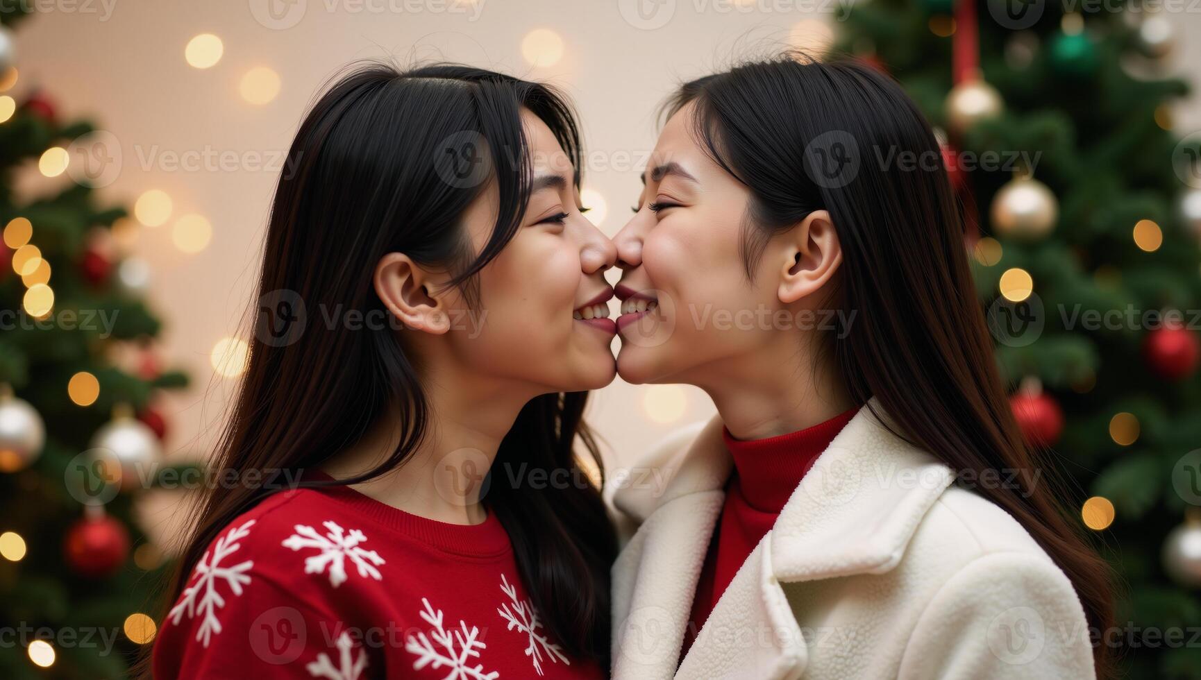 Two Asian women share a heartfelt kiss during the Christmas season photo