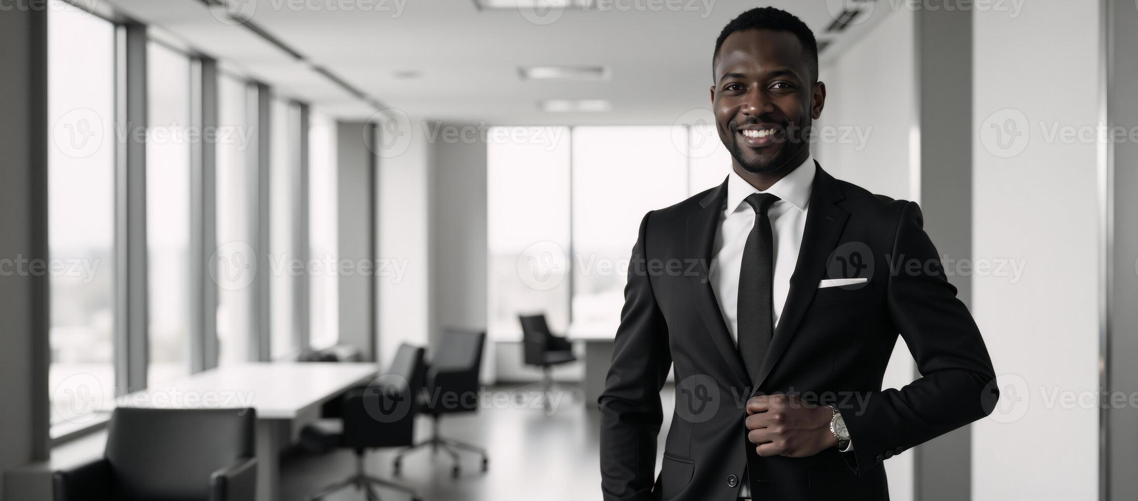 AfricanAmerican businessman portrayed with confidence in a modern office setting formal attire photo