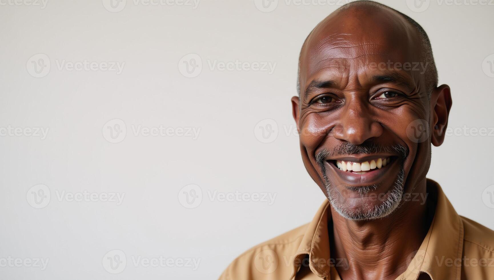 An African American old man with a warm smile stands alone against a white backdrop as a farmworker photo