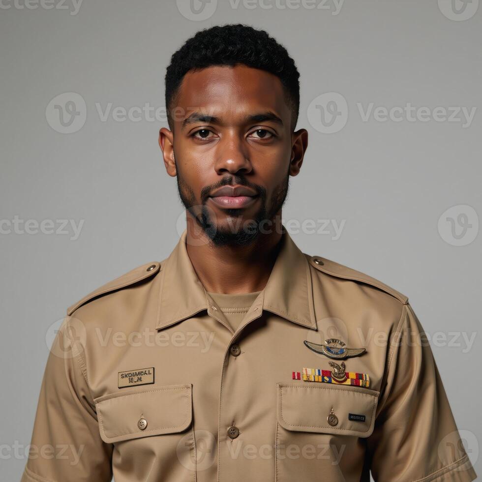 Photographic portrait showcases confident young AfricanAmerican veteran gazing straight into camera with an air of patriotism Veteran Portrait photo